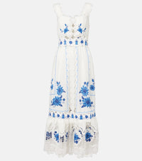 Farm Rio Embroidered linen-blend midi dress
