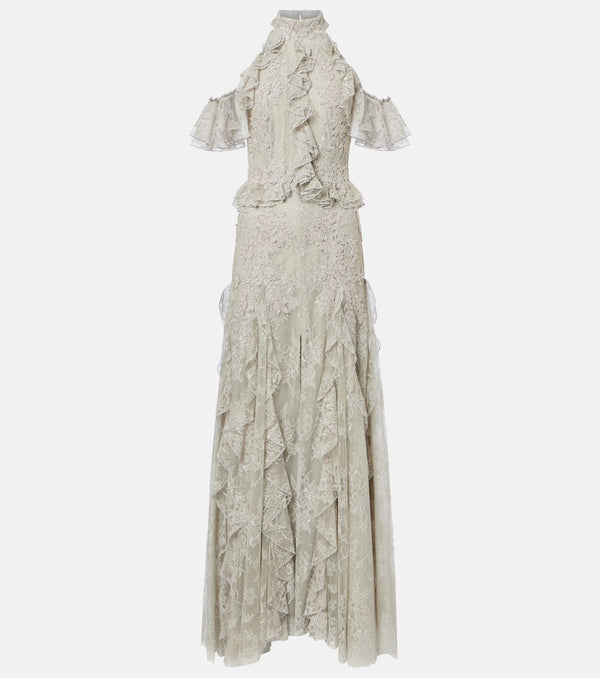 Costarellos Rhodine embellished halterneck lace gown