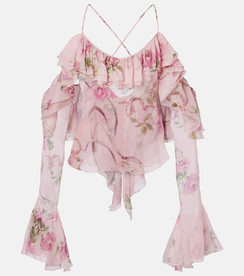 Blumarine Ruffle-trimmed floral silk top