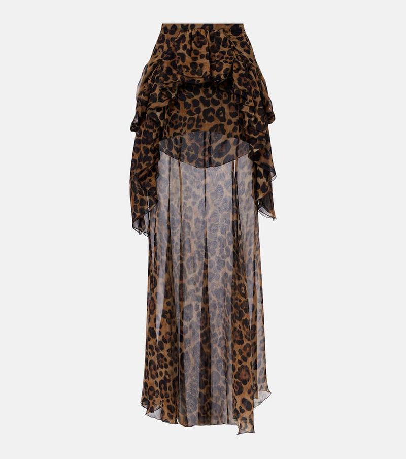 Blumarine Leopard-Print Silk Crepon Maxi Skirt Brown