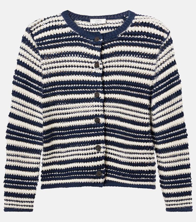 Vince Open-Knit Striped Cotton Cardigan Blue
