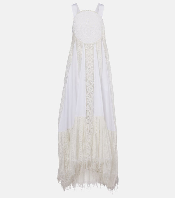 Loewe Asymmetric lace-trimmed cotton maxi dress