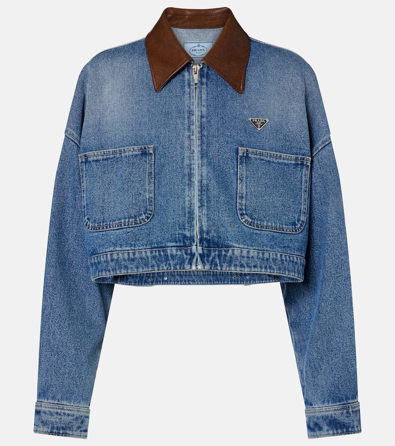 Prada Leather-trimmed cropped denim jacket