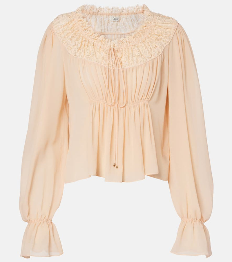 Chloe Shirred cropped lace-trimmed silk blouse