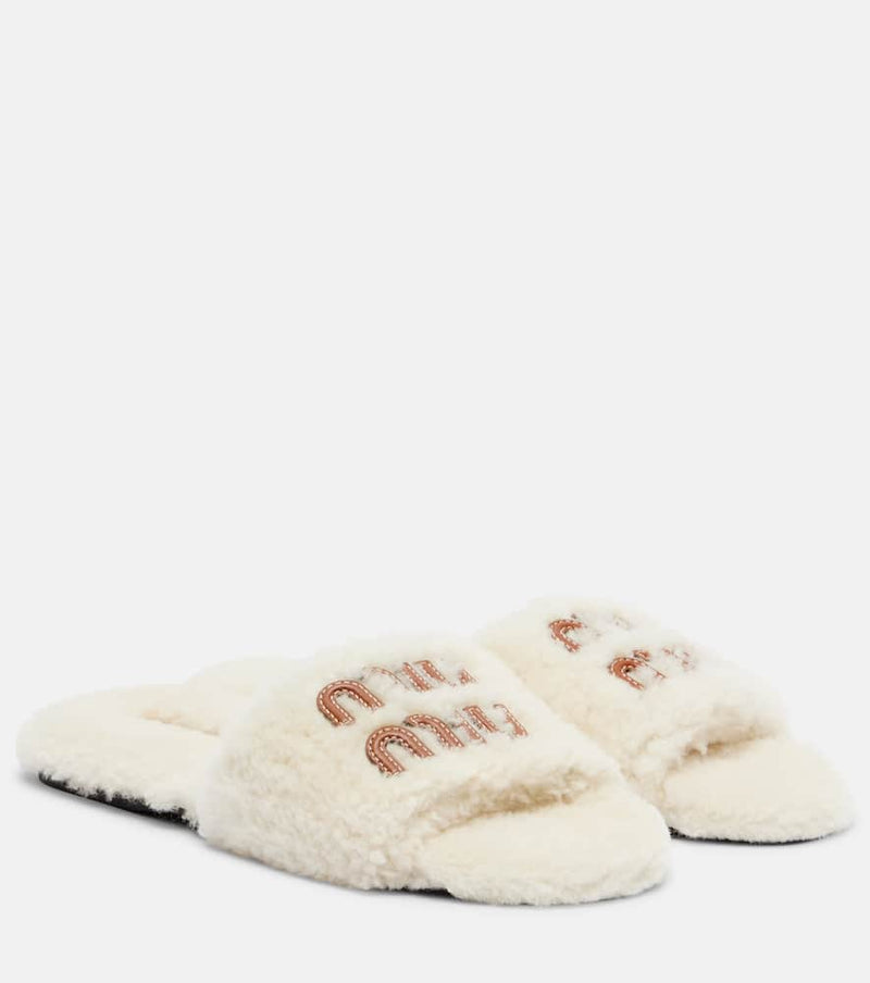 Miu Miu Logo leather-trimmed shearling slides