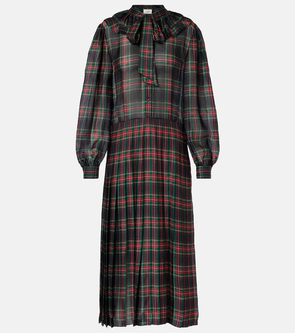 Saint Laurent Checked pleated silk charmeuse midi dress
