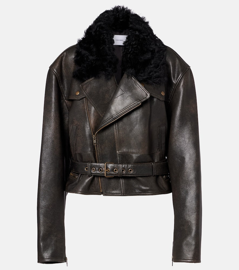 Alex Perry Shearling-trimmed cropped leather biker jacket