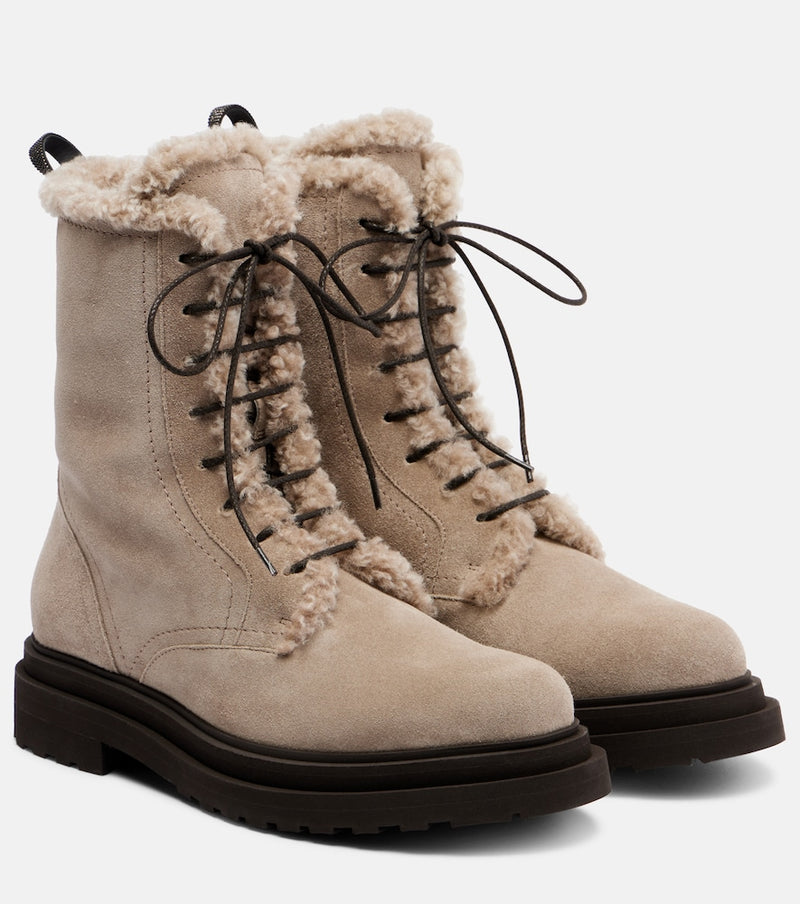 Brunello Cucinelli Shearling-trimmed suede combat boots