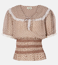Rixo Britt gingham shirred crepe top