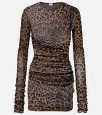 Saint Laurent Leopard-print ruched tulle minidress