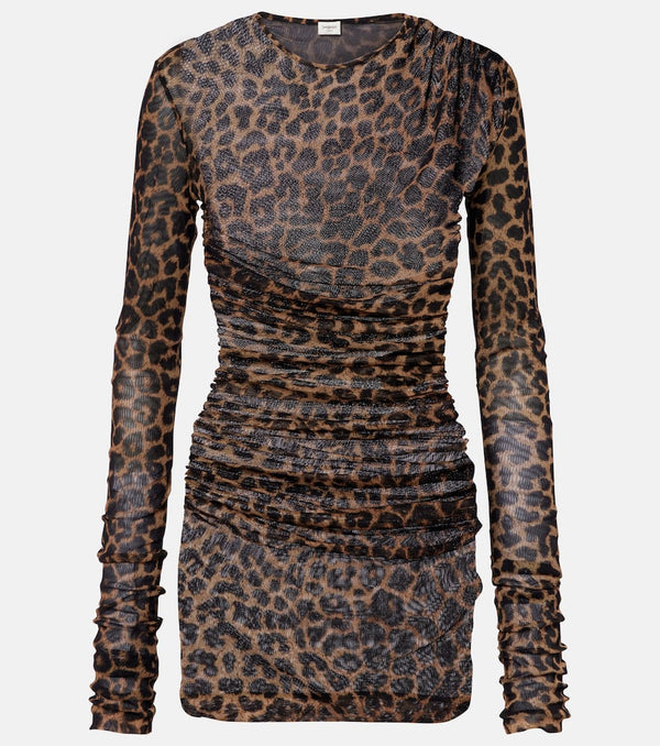 Saint Laurent Leopard-print ruched tulle minidress