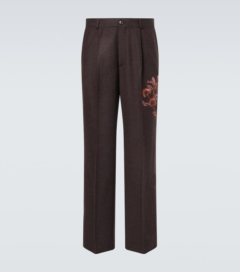Dries Van Noten Embroidered wool flannel straight pants