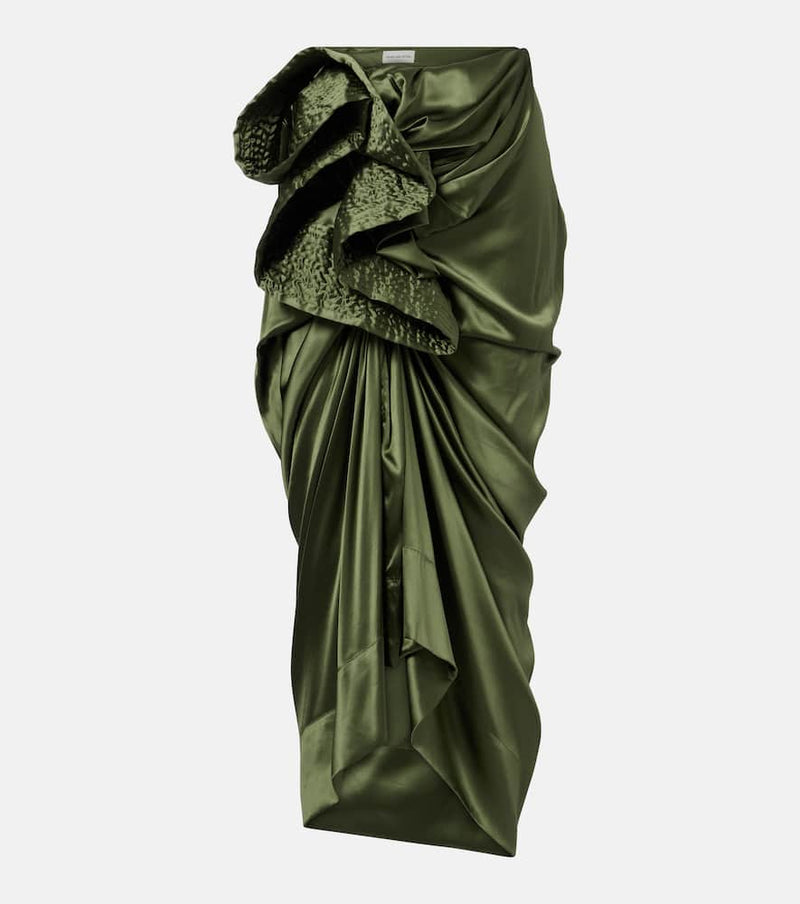 Dries Van Noten Gathered silk-blend satin midi skirt