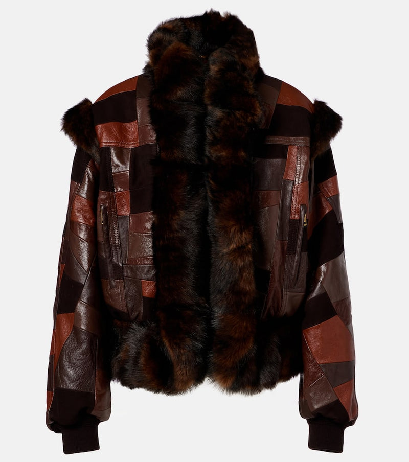 Chloé Chloe Shearling-Trimmed Leather Bomber Jacket Brown