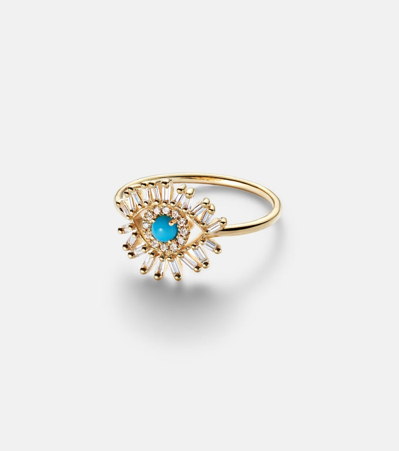 Suzanne Kalan Evil Eye Mini 18kt gold ring with turquoise and diamonds