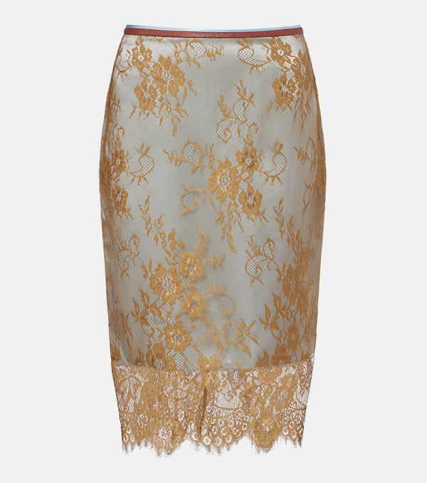 Jacques Wei Embroidered leather-trimmed lace midi skirt