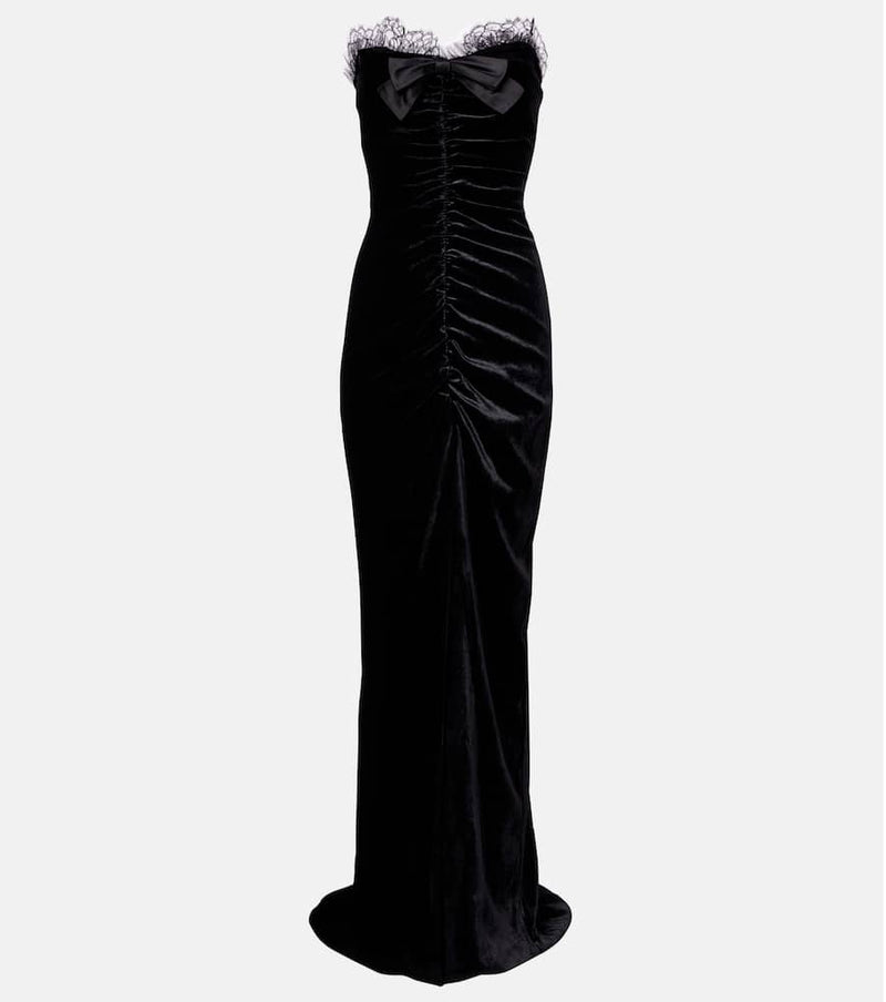 Alessandra Rich Bow-detail ruched silk-trimmed velvet gown