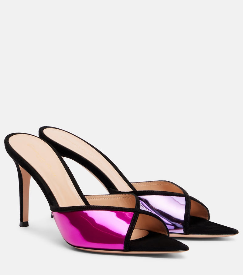 Gianvito Rossi 85 suede-trimmed metallic leather mules