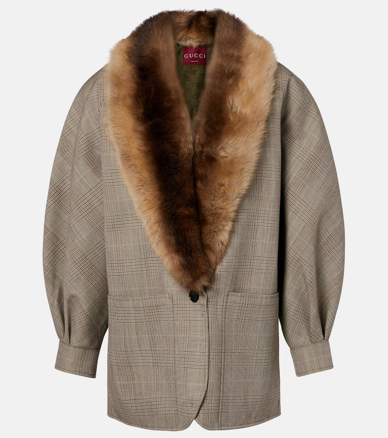 Gucci Checked Shearling-Trimmed Wool Jacket Multicoloured