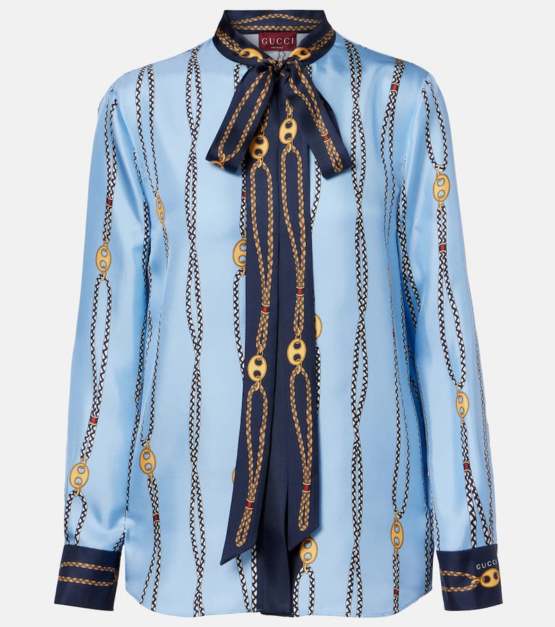 Gucci Printed tie-neck silk twill shirt