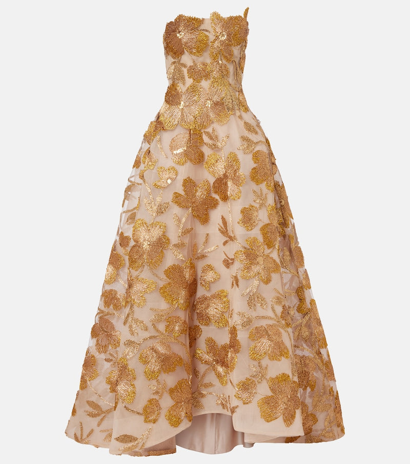 Monique Lhuillier Embroidered strapless raffia-blend gown