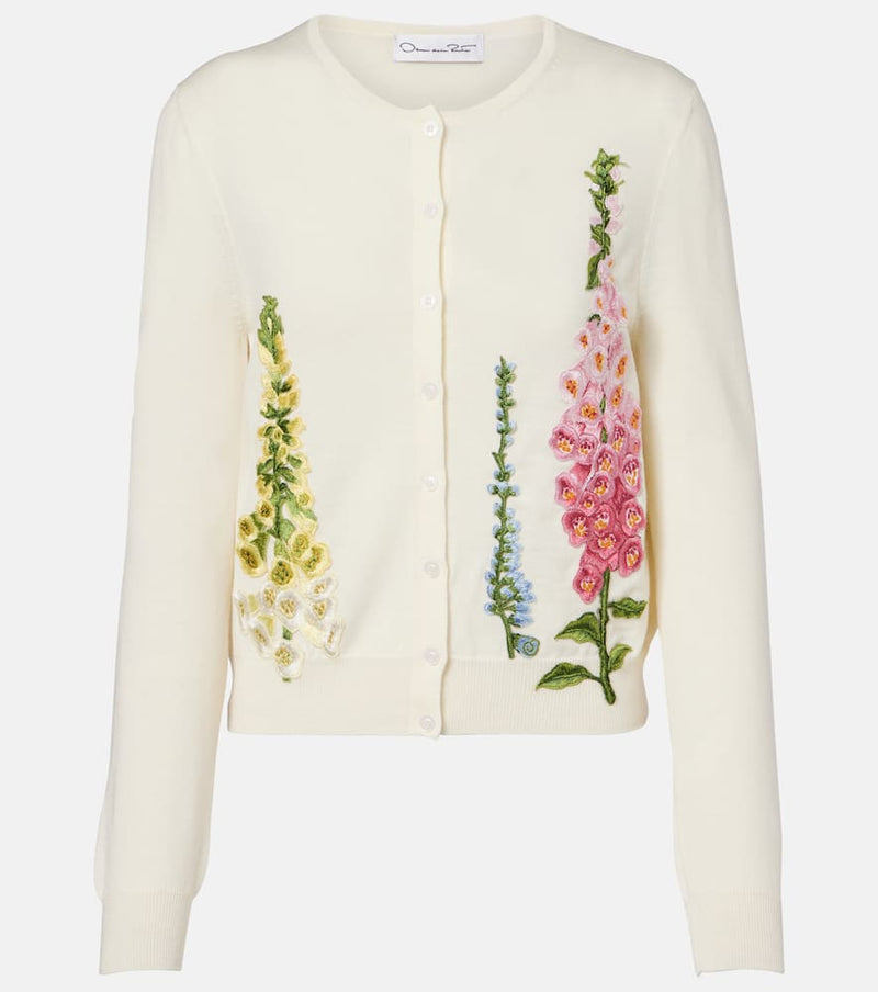 Oscar de la Renta Foxgloves embroidered virgin wool cardigan