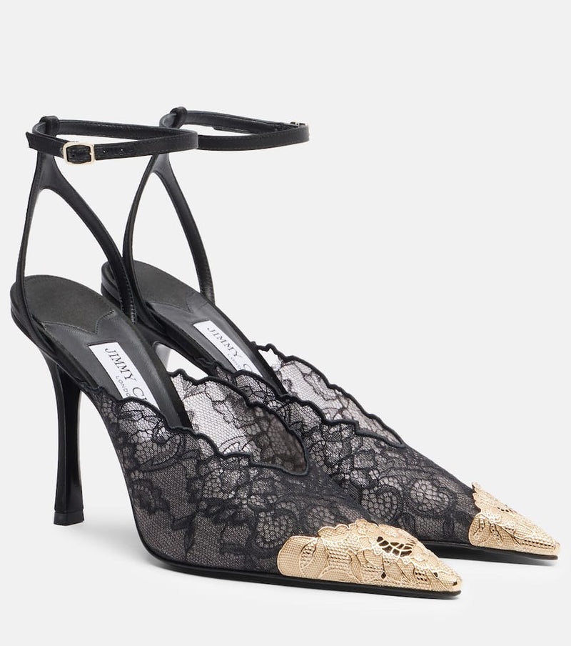 Jimmy Choo Faiz 100 leather-trimmed lace pumps