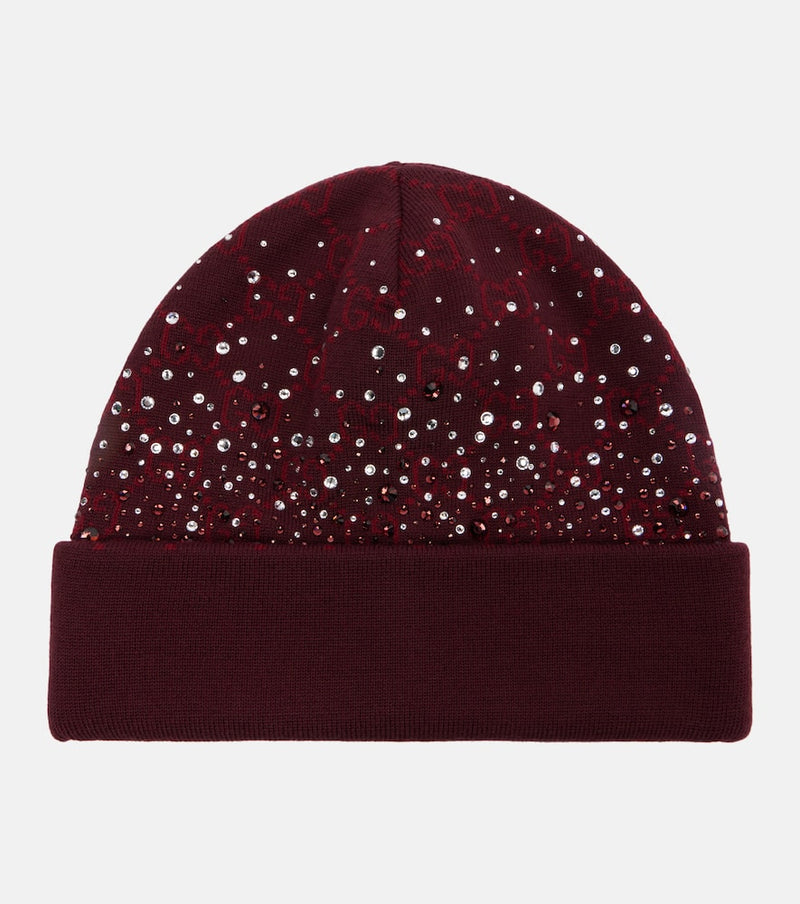 Gucci Gg Crystal-Embellished Wool Beanie Burgundy