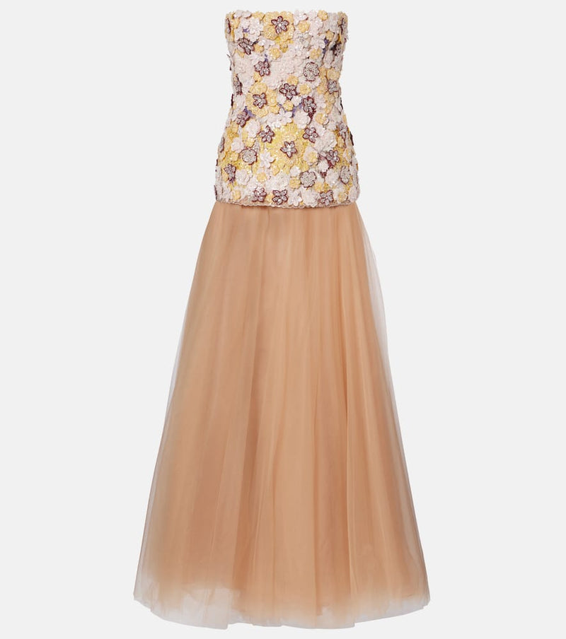 Costarellos Theia floral-applique sequined tulle gown