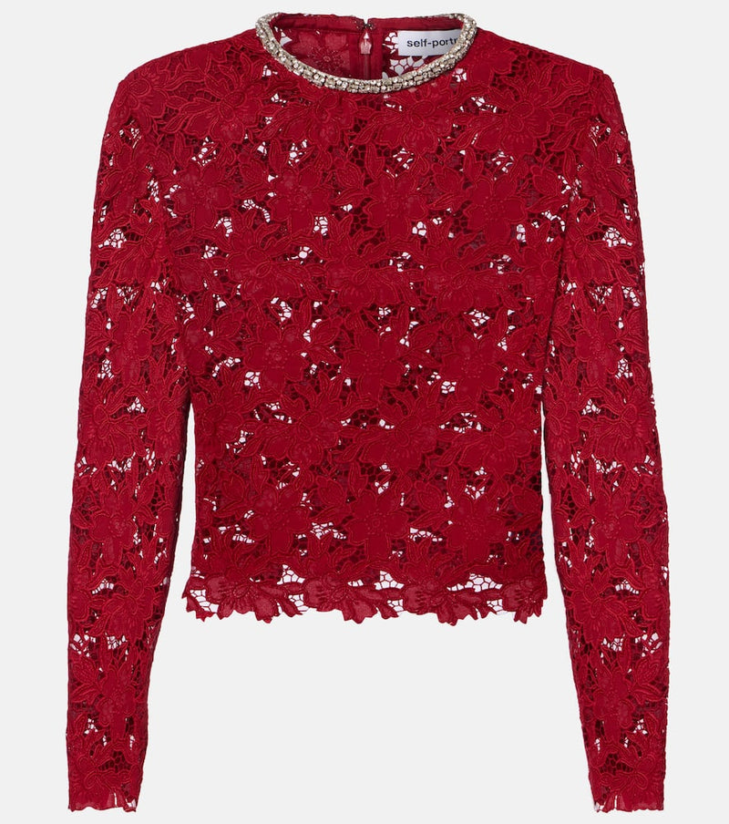 Self-Portrait Embellished Guipure Lace Top Red