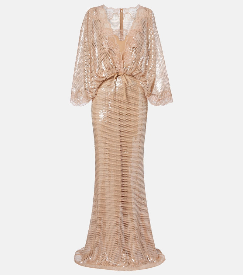 Elie Saab Lace-trimmed sequined mesh gown