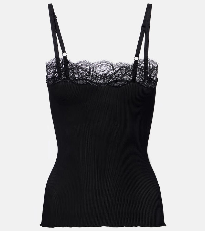Saint Laurent Lace-Trimmed Silk Jersey Tank Top Black