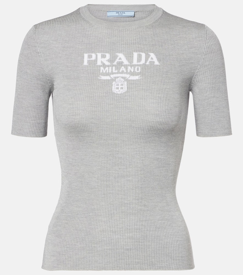 Prada Logo ribbed-trim silk T-shirt