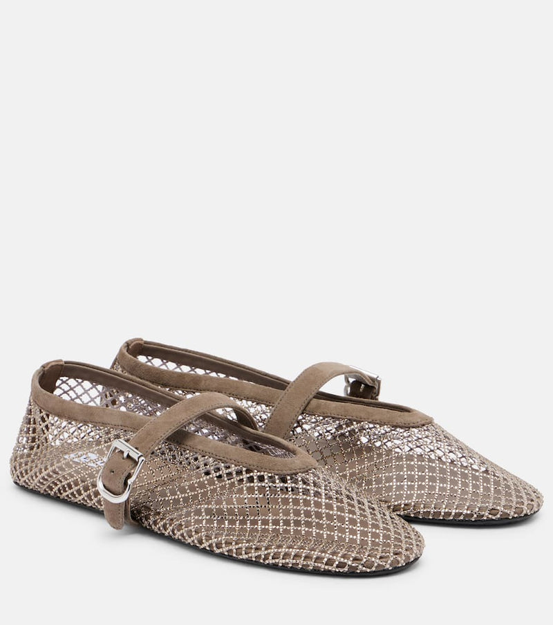 Alaia Embellished suede-trimmed fishnet ballet flats