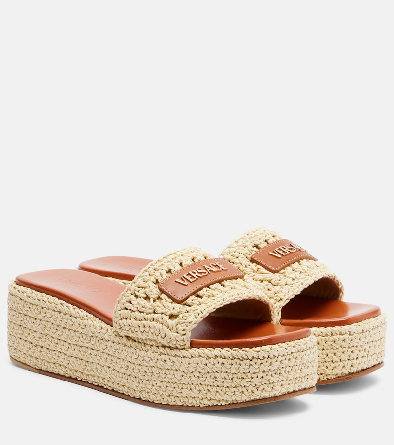 Versace Logo raffia platform espadrille slides