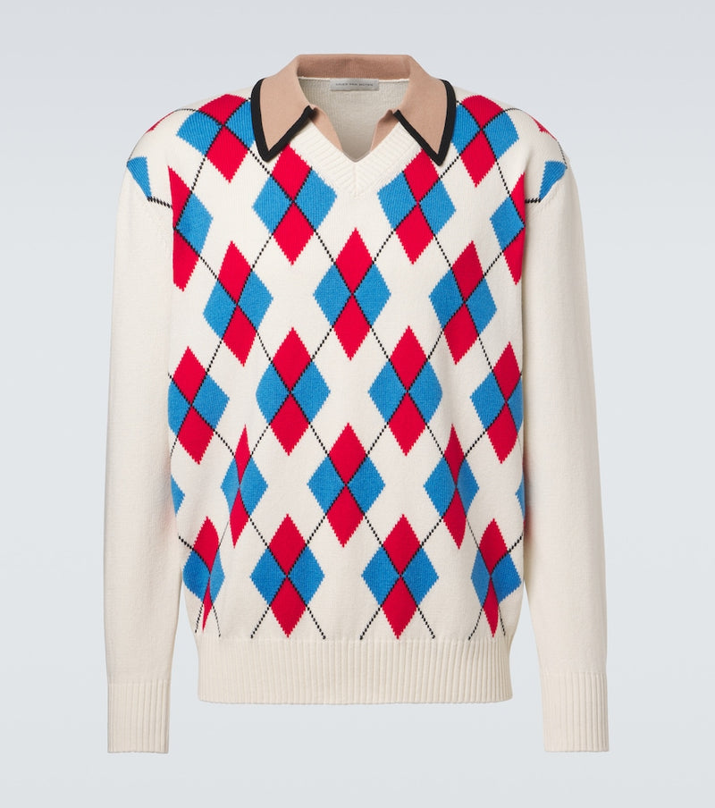 Dries Van Noten Argyle cotton-blend polo sweater