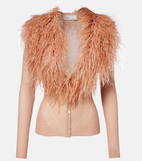 Blumarine Feather-trimmed ribbed-knit cardigan