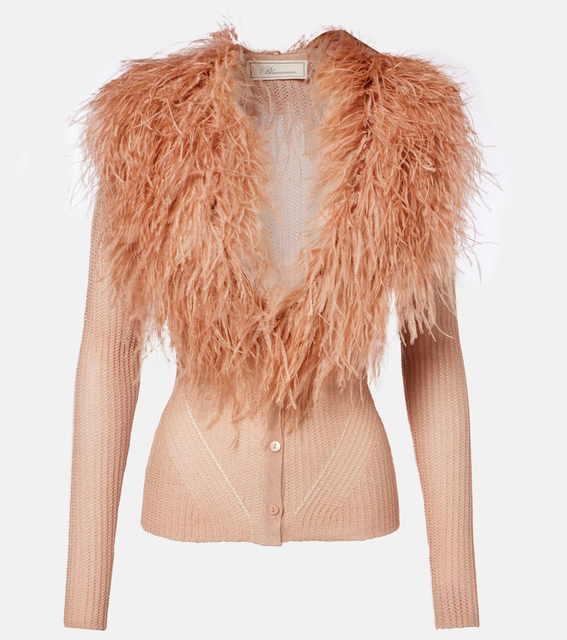 Blumarine Feather-trimmed ribbed-knit cardigan
