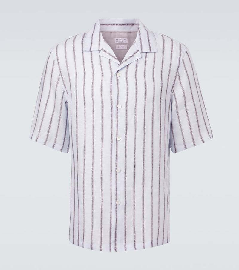 Brunello Cucinelli Striped linen bowling shirt