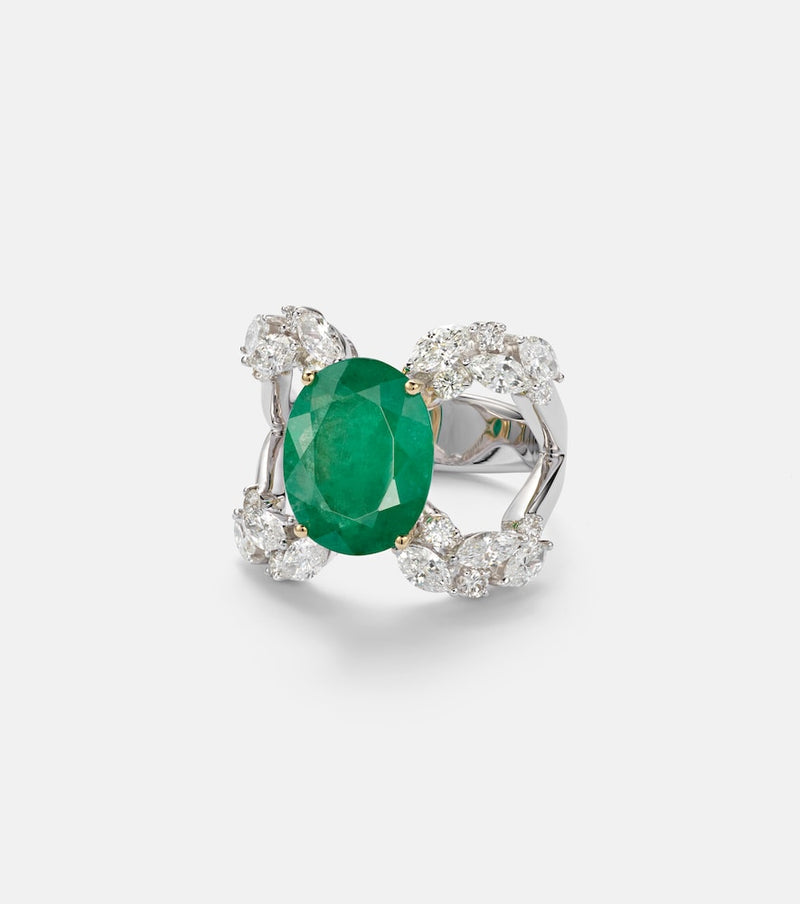 Yeprem 18kt white gold (750/1000) ring with diamonds and emerald