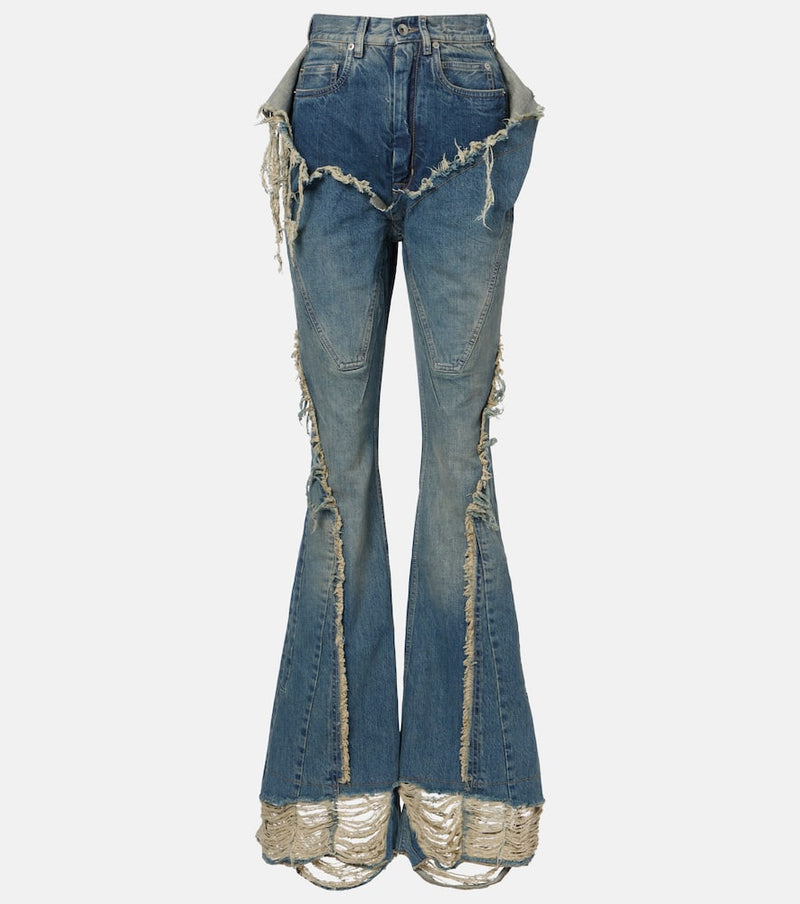 Rick Owens Silvered Distressed Bootcut Jeans Blue