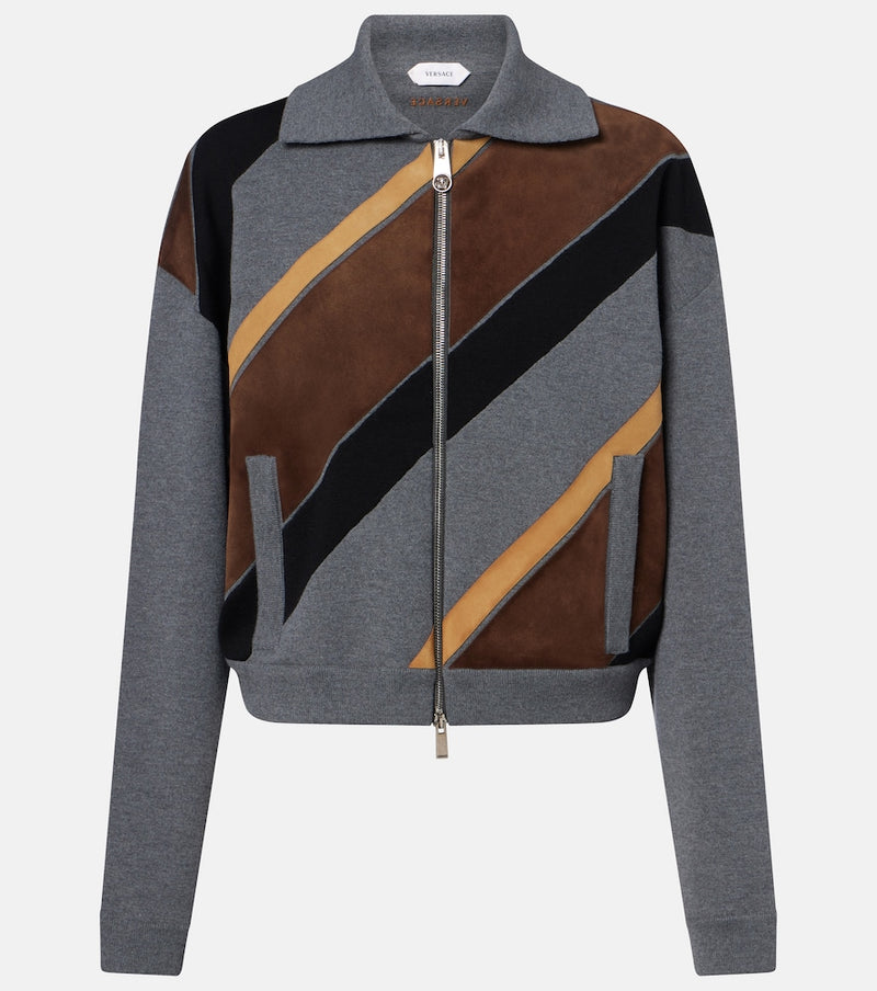 Versace Suede-trimmed wool-blend zip-up sweater