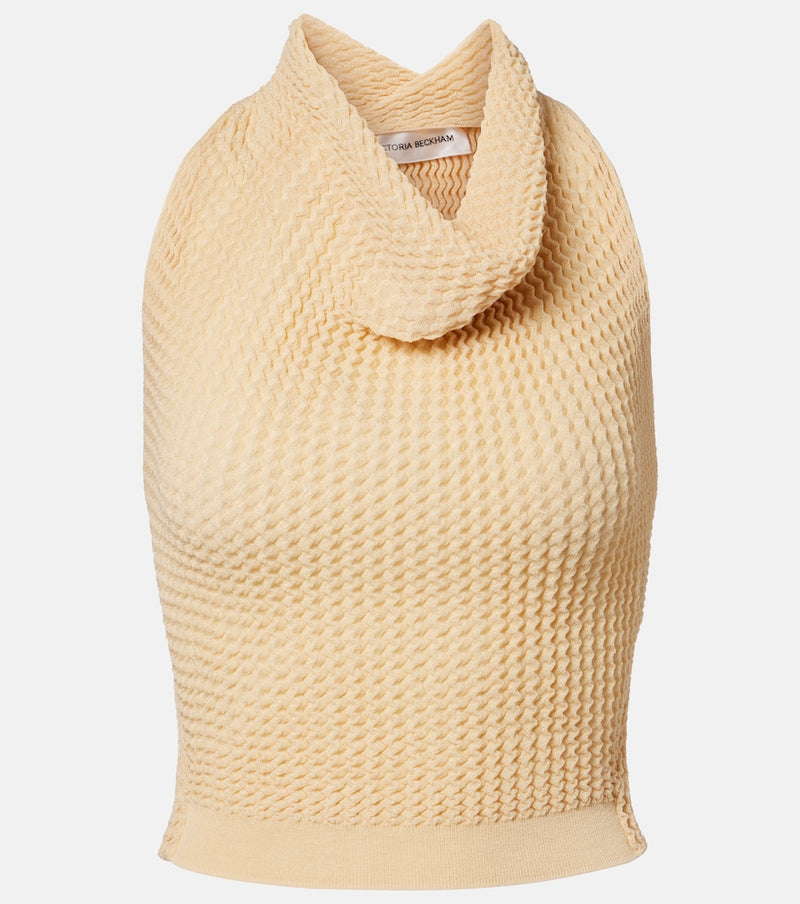 Victoria Beckham Draped knitted cotton-blend crop top in Sandstone