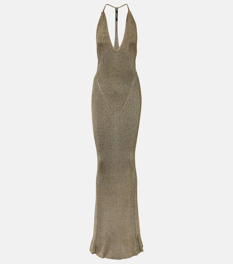 Roberto Cavalli Ribbed-Knit Lame Maxi Dress Gold