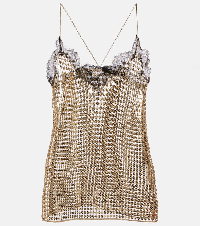 Roberto Cavalli Sequined Lace-Trimmed Top Gold