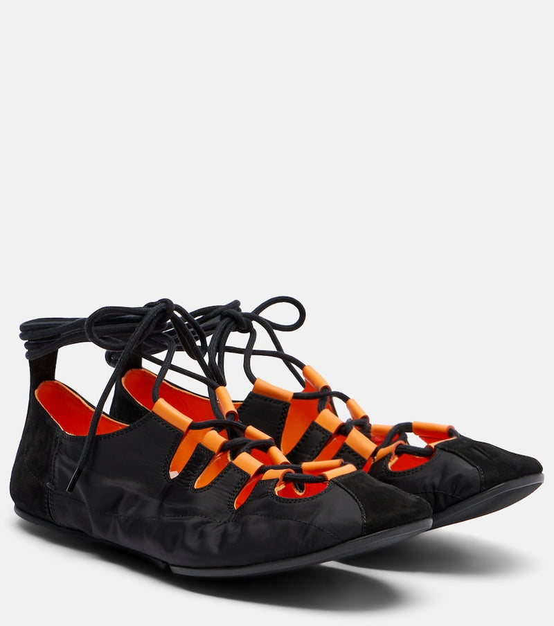 Alaia Suede-trimmed lace-up ballet flats
