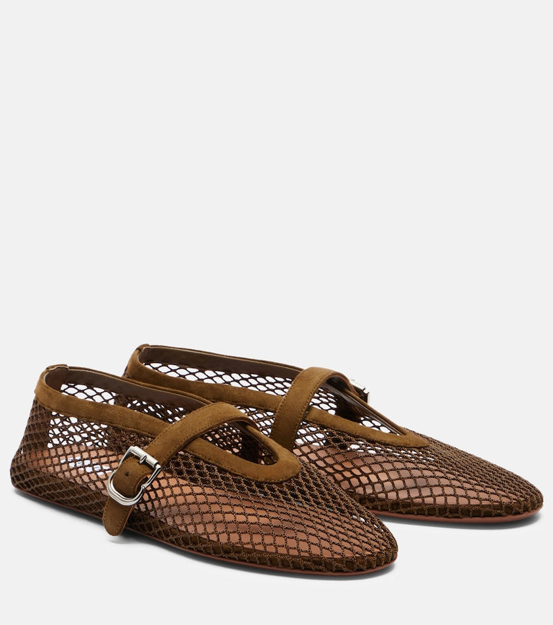 Alaia Suede-trimmed fishnet ballet flats