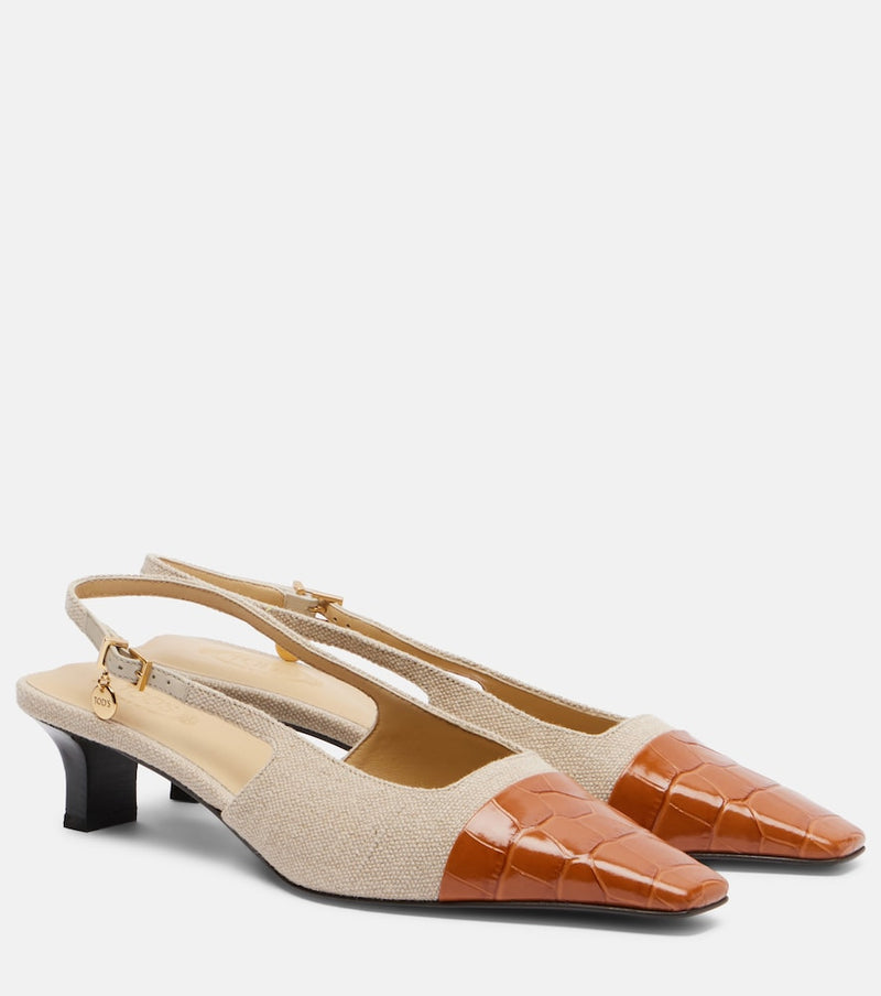 Tod\'s Leather-trimmed canvas slingback pumps