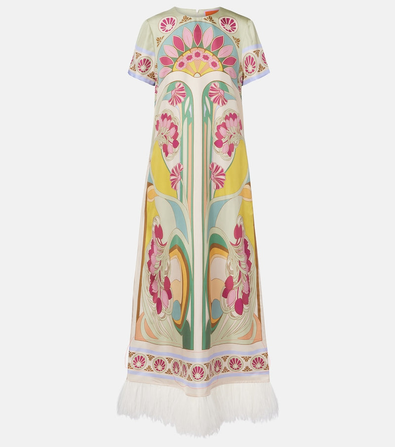 La DoubleJ Swing feather-trimmed silk twill maxi dress