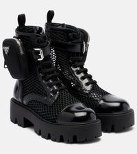 Prada Leather-trimmed mesh combat boots